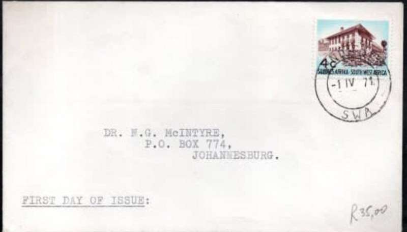 South West Africa, 4c new value, first day, WINDHOEK S.W.A. 1 IV 71 c.d.s. The Chamber of Mines Hosp