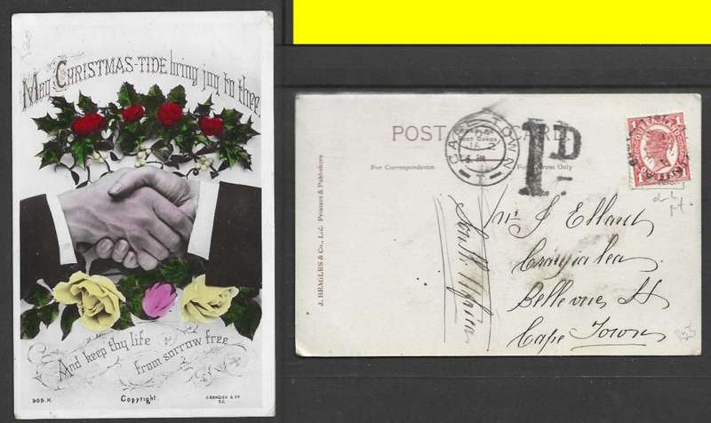 Australia,, post card, 1d, ...INGA QUEENSLAND 6 DE 08, c.d.s. 1D taxe mark, > S.Africa CAPE TOWN 09