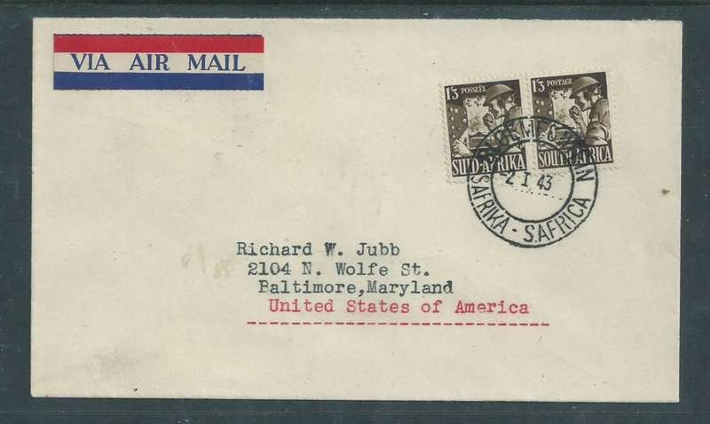 South Africa, AIR MAIL cover 2`6 > USA BLOEMFONTEIN SOUTH AFRICA -2.I.43 c.d.s.