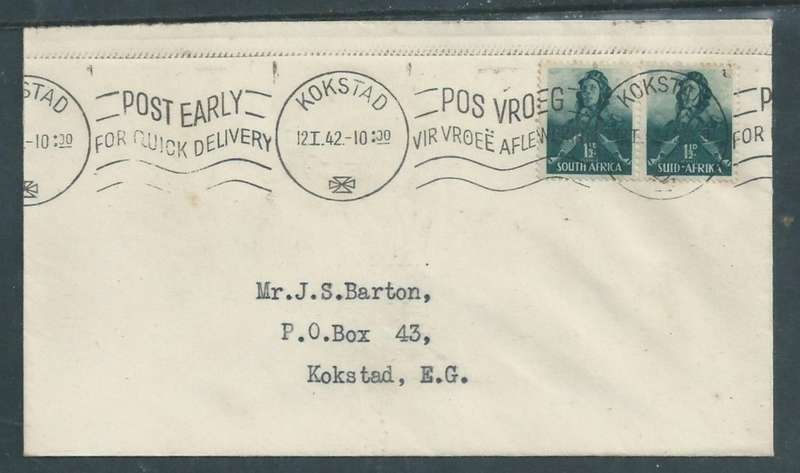 South Africa, domestic cover 2 x 11/2d airman , KOKSTAD 12 I 42 c.d.s.+ POST EARLY FOR QUICK DELIVER