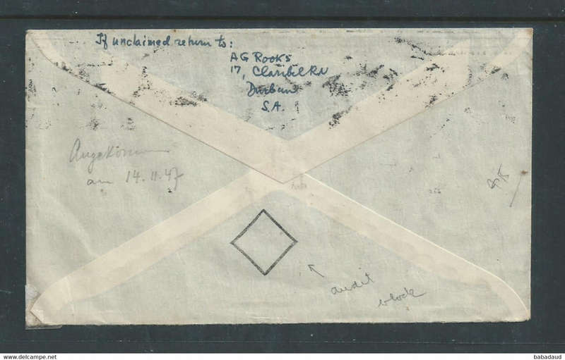 South Africa, air mail 9d DURBAN 12 NOV 47 > England, 3 x pairs of 1/2d coil stamps