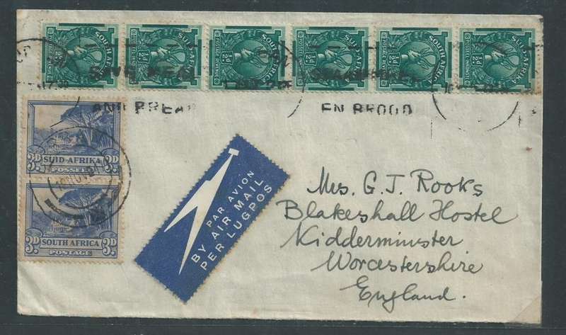 South Africa, air mail 9d DURBAN 12 NOV 47 > England, 3 x pairs of 1/2d coil stamps
