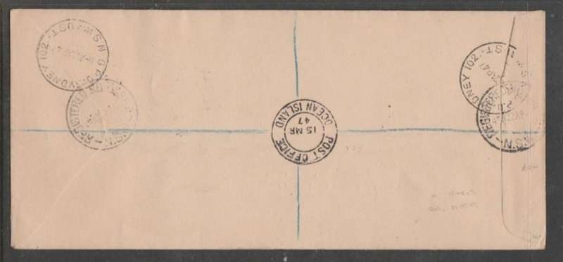 Gilbert & Ellis Islands, 1/, registered air mail, POST OFFICE OCEAN ISLAND 15 MR 47 > . SYDNEY