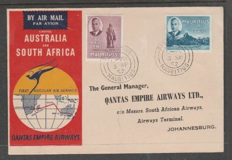 Mauritius Qantas 1st flight to S.Africa, PORT LOUIS 3 SP 52 c.d.s., JOHANNESBURG 4 IX 52 arrival