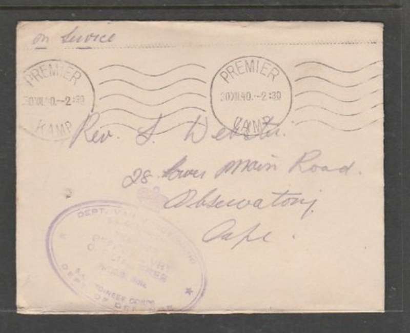 DEPT OF DEFENCE S.A. ENGINEER CORPS PREMIER MINE OFFICIAL FREE, PREMIER MINE 30 XII 40, c.d.s