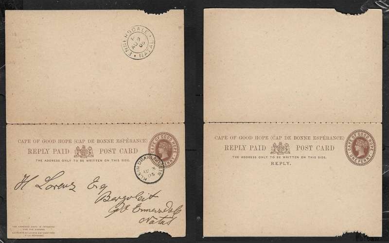 South Africa CoGH, VRI, 1d reply postal card, used, KLEIN DRAKENSTEIN AU 3 05 c.d.s.> ENNERSDALE AU
