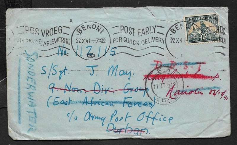 South Africa GVIR, WWII, 1 1/2d, BENONI 27 X 41 > Durban, redirected > Nairobi > Sonderwater, E.A. A