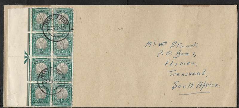 South Africa GVIR, 1/2d, `arrow` marginal block of 8, used on cover BANTJESLOO 23 XII 48