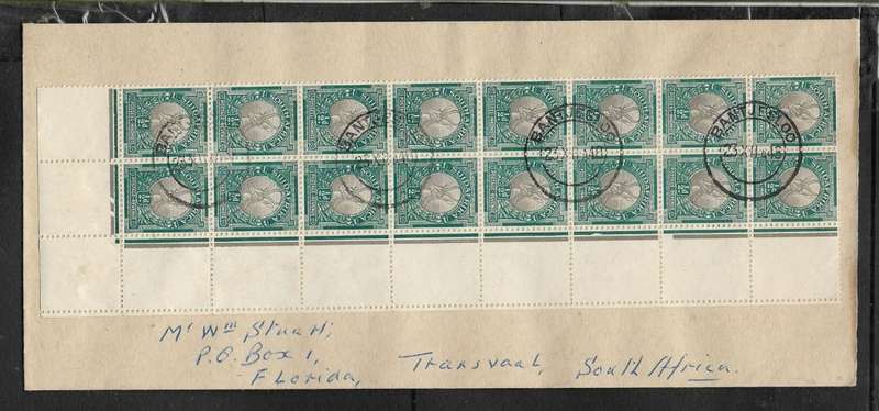 South Africa GVIR, 1/2d, marginal block of 16, used on cover BANTJESLOO 23 XII 48