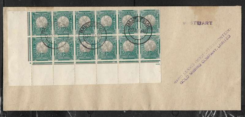 S. Africa 1/2d, marginal block of 12, BANTJESLOO 23 XII 48 > RANDLEASE VOGELSTRUISFONTEIN GOLD MININ