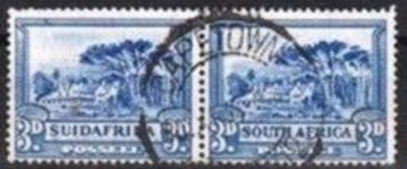 South Africa, 1930, 3d blue, variety smudge in frame top left of left stamp, used