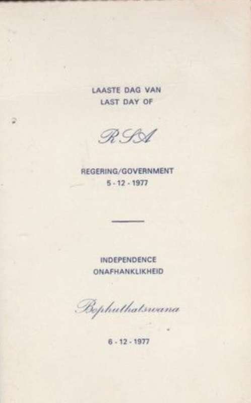 Bophuthatswana, LAST DAY OF R.S.A GOVERNMENT,5-12-1977, souvenir / commemorative folder