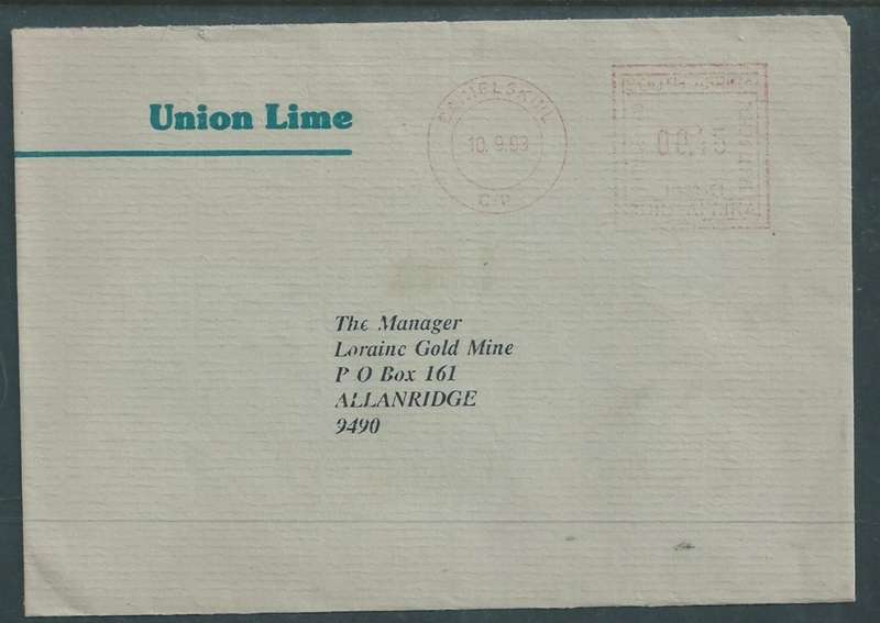 South Africa, Union Lime envelope , 15C METER FRANK, DANIELSKUIL 10.9.93 > Lorraine Gold Mine , Alla