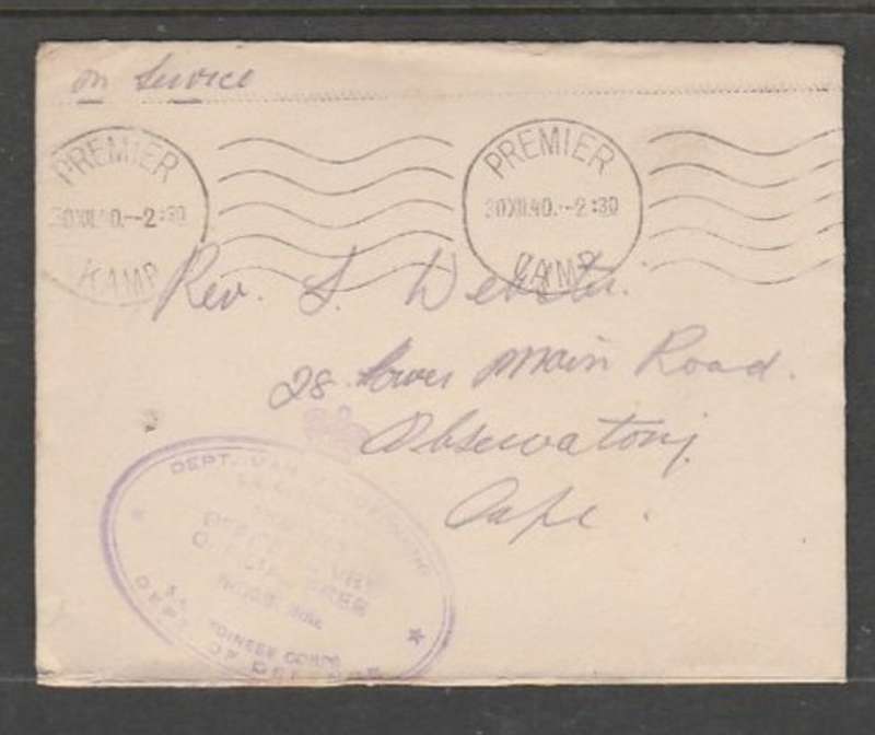 DEPT OF DEFENCE S.A. ENGINEER CORPS PREMIER MINE OFFICIAL FREE, PREMIER MINE 30 XII 40, c.d.s