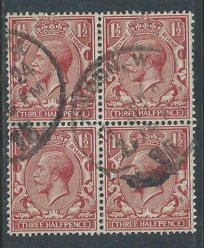 Great Britain, GVR, 1912 - 1921, 1 1/2d block of 4, used