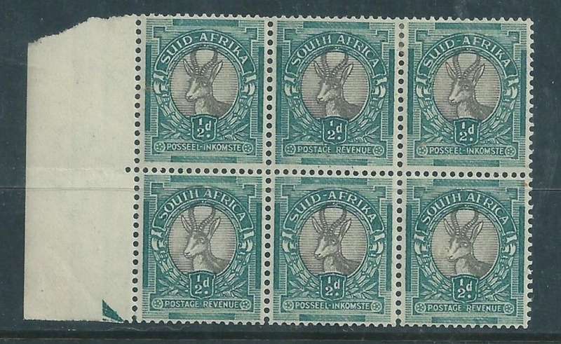 South Africa, 1947, 1/2d, block of 6 with left selvedge, MH *