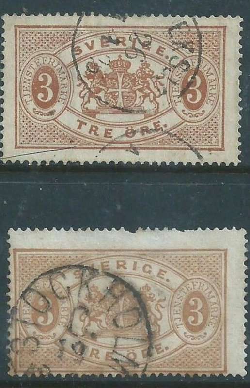 Sweden, Official, 1874, 3 ore, perforated 14, x two shades, used