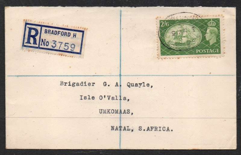 Great Britain GVIR high value 2`6, registered first day BRADFORD 3 MY 51 oval d.s.