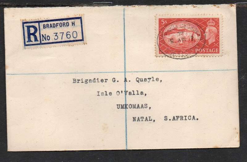 Great Britain GVIR high value 5/, registered first day BRADFORD 3 MY 51 oval d.s.