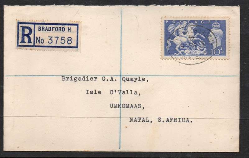 Great Britain GVIR high value 10/ registered first day BRADFORD 3 MY 51 oval d.s.