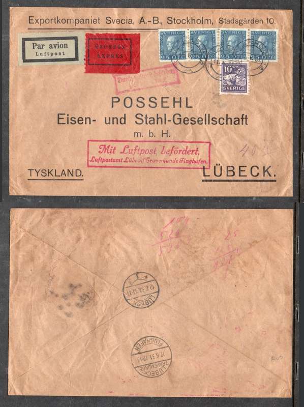 Sweden air mail Express, 110 ore, STOCKHOLM 11.6.31 > LUBECK 21.6.31