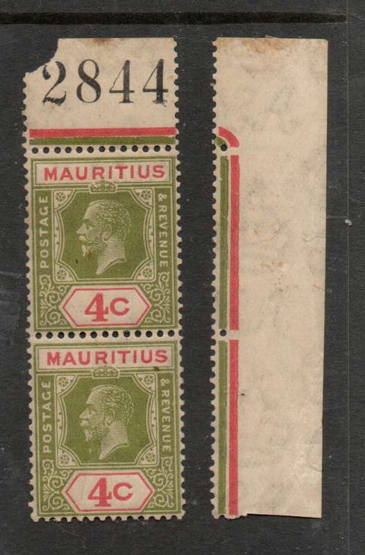 Mauritius, GVR 1926 4c, Die II pair with top sheet number & right selvedge, MNH **