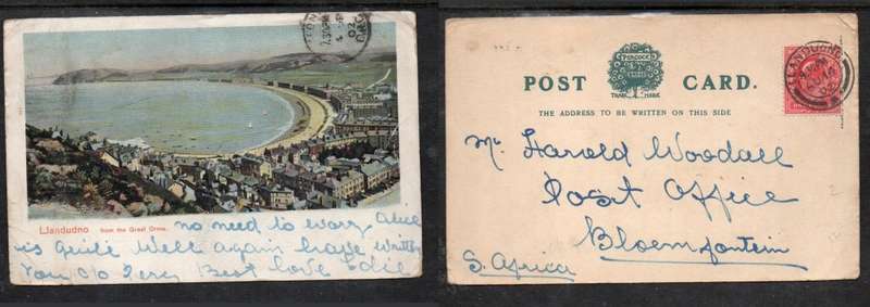 Llandudno Bay, used EVIIR 1d, LLANDUDNO AU 14 02 c.d.s.> BLOEMFONTEIN S.Africa
