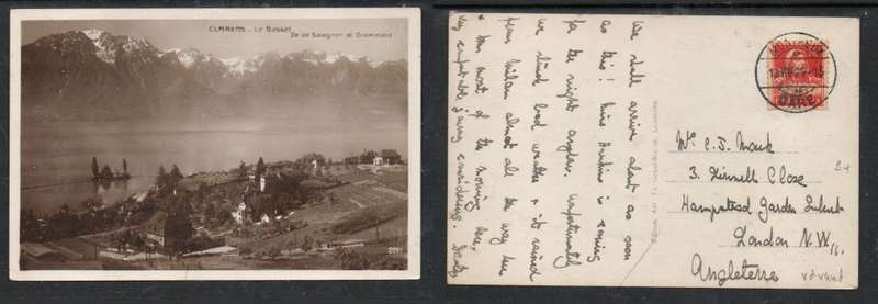 Switzerland, Clarens - lLe Basset, used 20c, MONREAUX GARE 13 VIII 24 c.d.s.> England