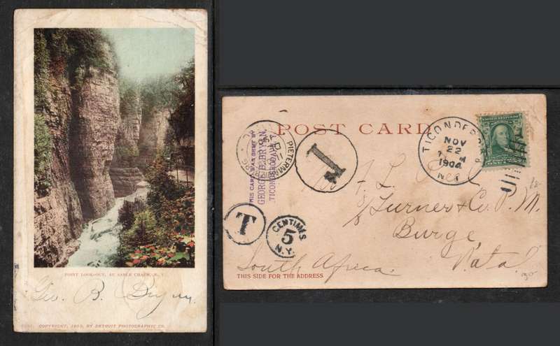 USA - Point Lookout Sable Chasm N.Y., 5c TICONDEROGA NO 22 1904 > PIETERMARITZBURG T CENTIMES 5 N.Y.