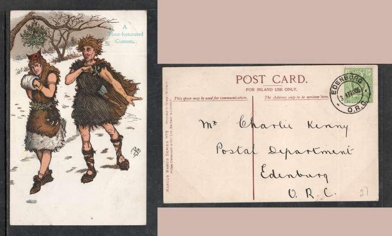 Marcus Ward`s N08, mistletoe, rustic boy and girls, used EDENBURG O.R.C.3 APR O6