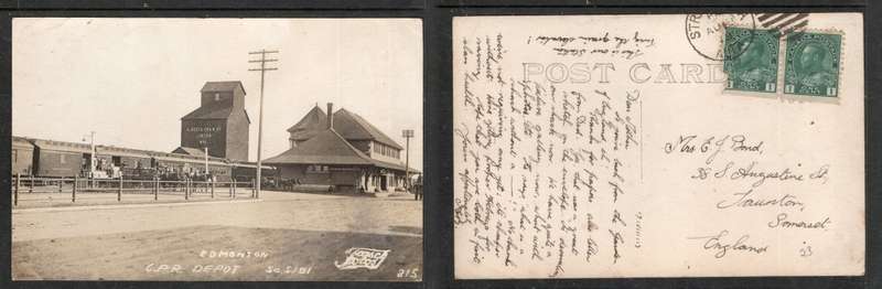 Canada C.P.R Depot, Edmonton PPC used 2c,> England, `FRASCHFOTOS` tm