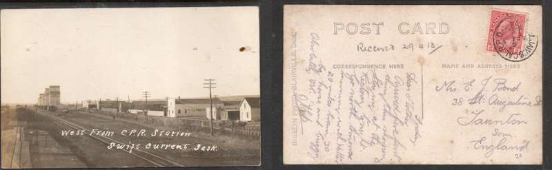 Canada West from C.P.R. Station, Swift Current Sask, used 2d > UK M.JAY & CAL R.P.O.