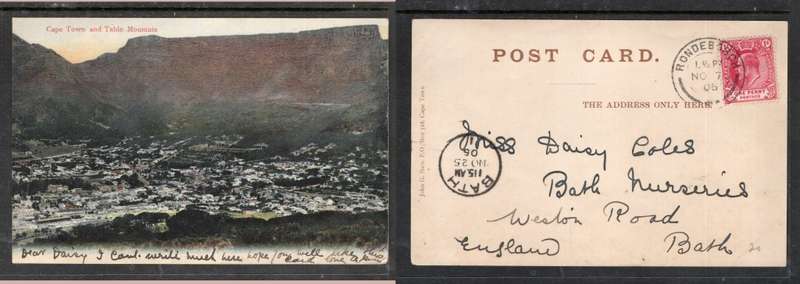 Cape Town & Mountain, used EVIIR 1d, RONDEBOSCH NO 7 06 c.d.s. > BATH, England