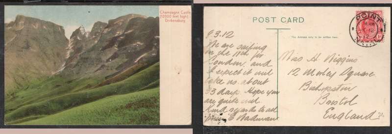 South Africa, Champagne Castle Drakensberg, TVL EVIIR 1d, POINT NATAL MR 12 12 cds> UK