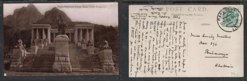 South Africa, Rhodes memorial, Groote Schuur, Transvaal 1/2d CAPETOWN  13 DEC 12 c.d.s.> Bulawayo