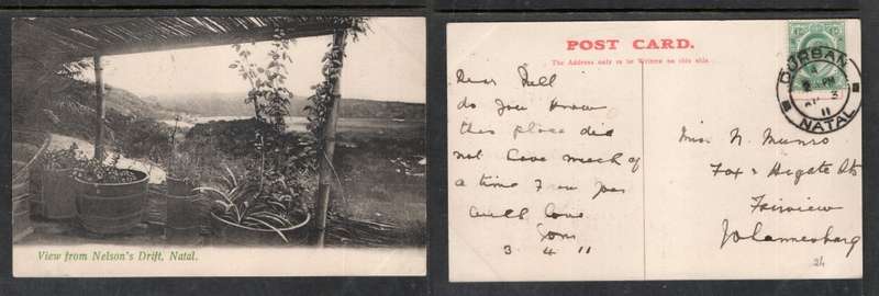 South Africa, view from Nelsons Drift Natal, CoGH 1/2d DURBAN NATAL AP 3 11 cds