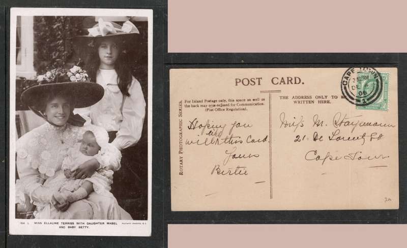 Ellaline Terriss, daughter Mabel, baby Betty, RP, used 1/2d CAPE TOWN DE 4 06 cds