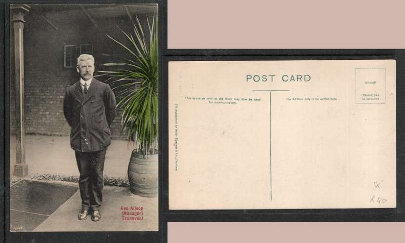 1st class player, Umpire, Transvaal Manager,  Geo Allsop postcard, unused