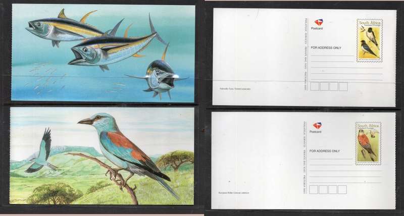 1999 S.Africa,Standard Postage Post Cards, from booklet Yellowfin Tuna, European Roller, unused