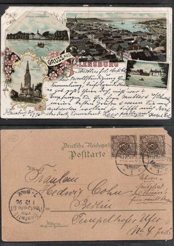 Germany Gruss Aus  Flensburg, used 6pf FLENSBURG 30.9.6 c.d.s.  > Berlin,