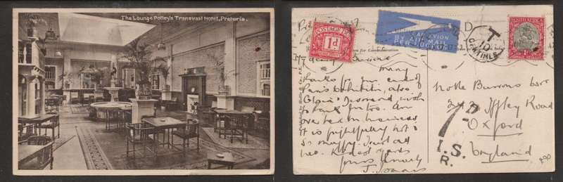South Africa PPC  PRETORIA 14 X 17 > Oxford U.K. Taxe 10 centimes & 1d I.S.R., 1d Postage Due stamp