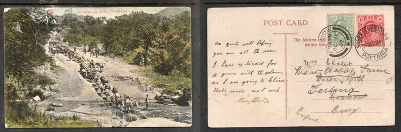 PPC, 1d Transvaal, ROBERTS HEIGHTS PRETORIA 7 OCT 1907 > UK, redirected from DUNMOW OC 31 07 GB 1/2d