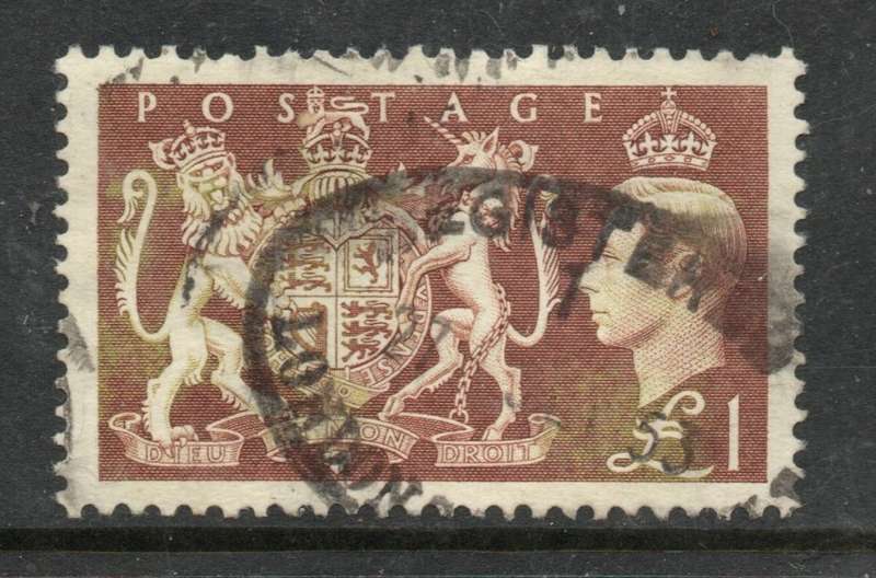 Great Britain, GVIR, 1951 Festival high values, £1, used LONDON REGISTERED oval d.s.