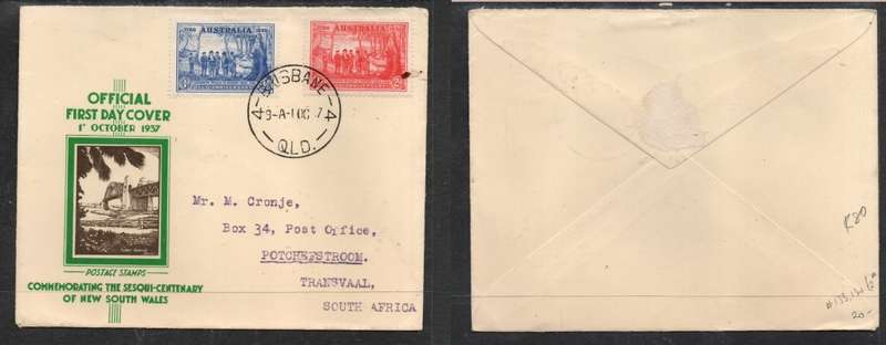 Australia 1937, Sesqui-Centenary of NSW First Day Cover,  1d, 3d, BRISBANE QLD. >S. Africa