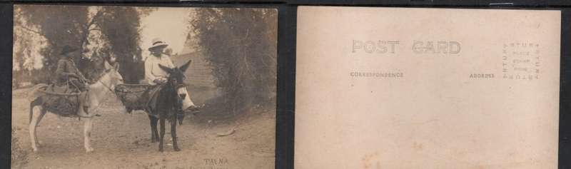 Two men mounted on donkeys, unidentified, ARTURA card