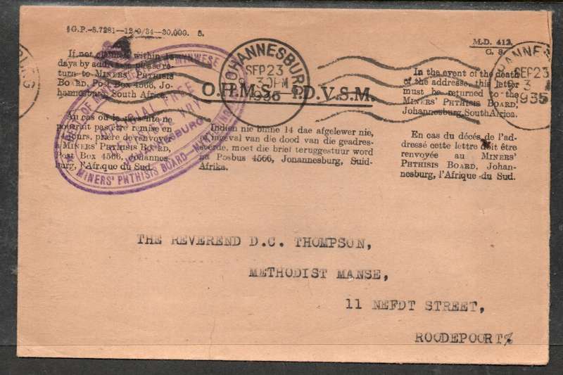 O.H.M.S. DEPT OF MINES PHTHISIS BOARD OFFICIAL FREE used JOHANNESBURG