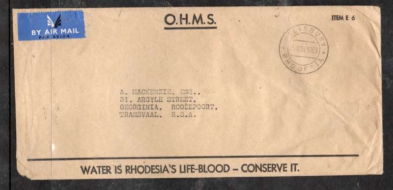 .Rhodesia, EIIR, Official, Postal Service, used  SALISBURY 15 NO 66 c.d.s.> S.Africa, Conserve Water