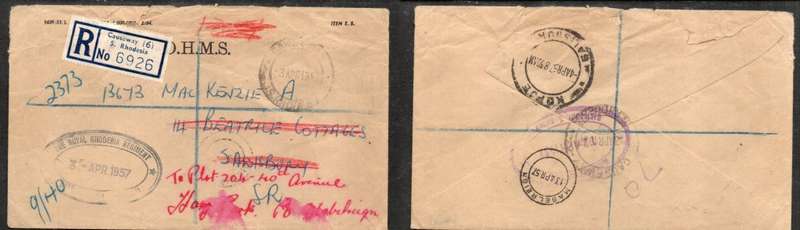 .Rhodesia, EIIR, Official, ROYAL RHODESIA REGIMENT 3 AP 57, KOPJE transit, MASELREIGN arrival