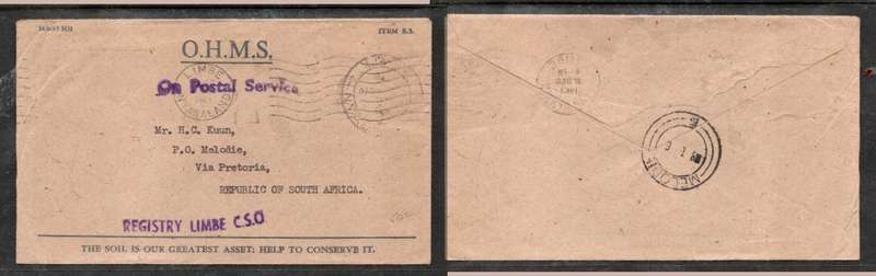 Nyasaland, EIIR, Official, Post office used LIMBE 31 DE 63 >MELODILE R.S.A.