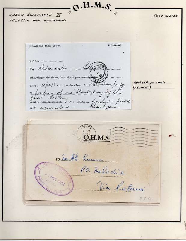 Rhodesia & Nyasaland, EIIR, Official, Post office used LUSAKA 31 DE 63 >MELODILE R.S.A.
